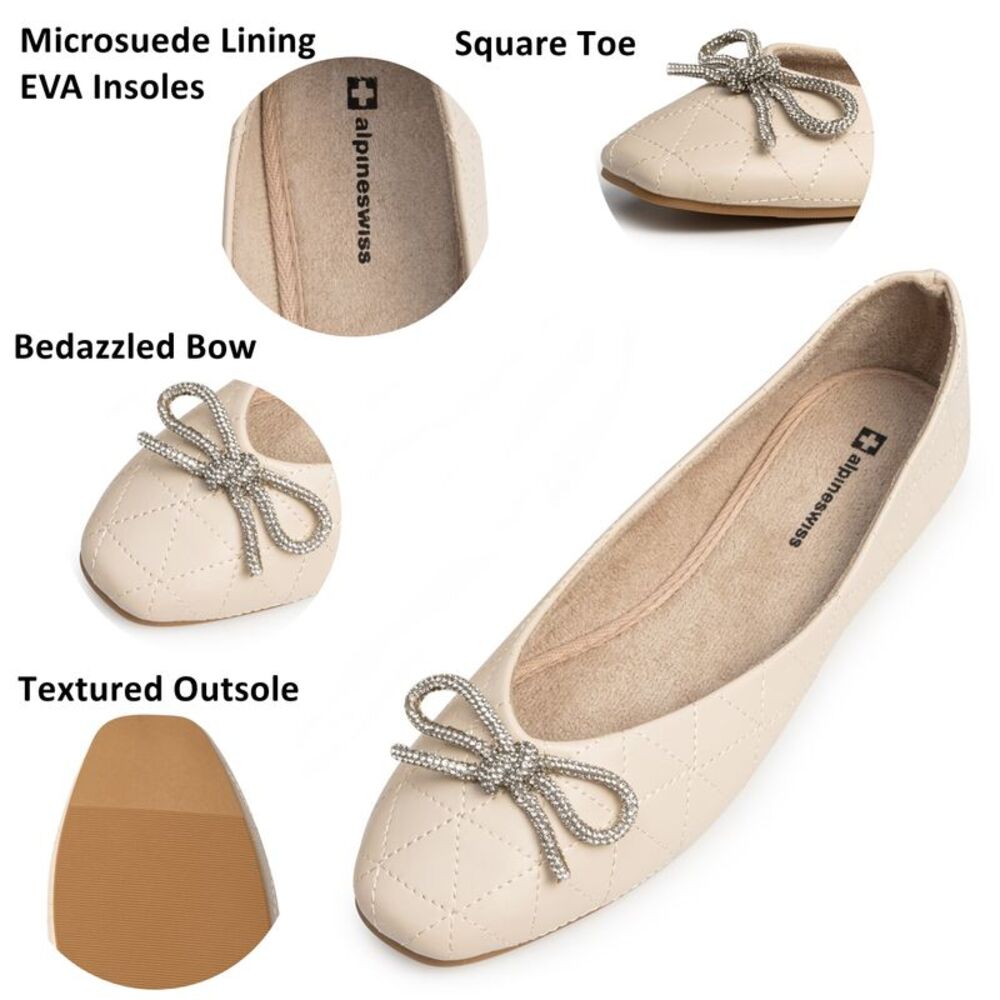 Alpine Swiss Myla Womens Ballet Flats Square Toe Rhinestone Bow Dressy Shoes - Picture 2 of 7